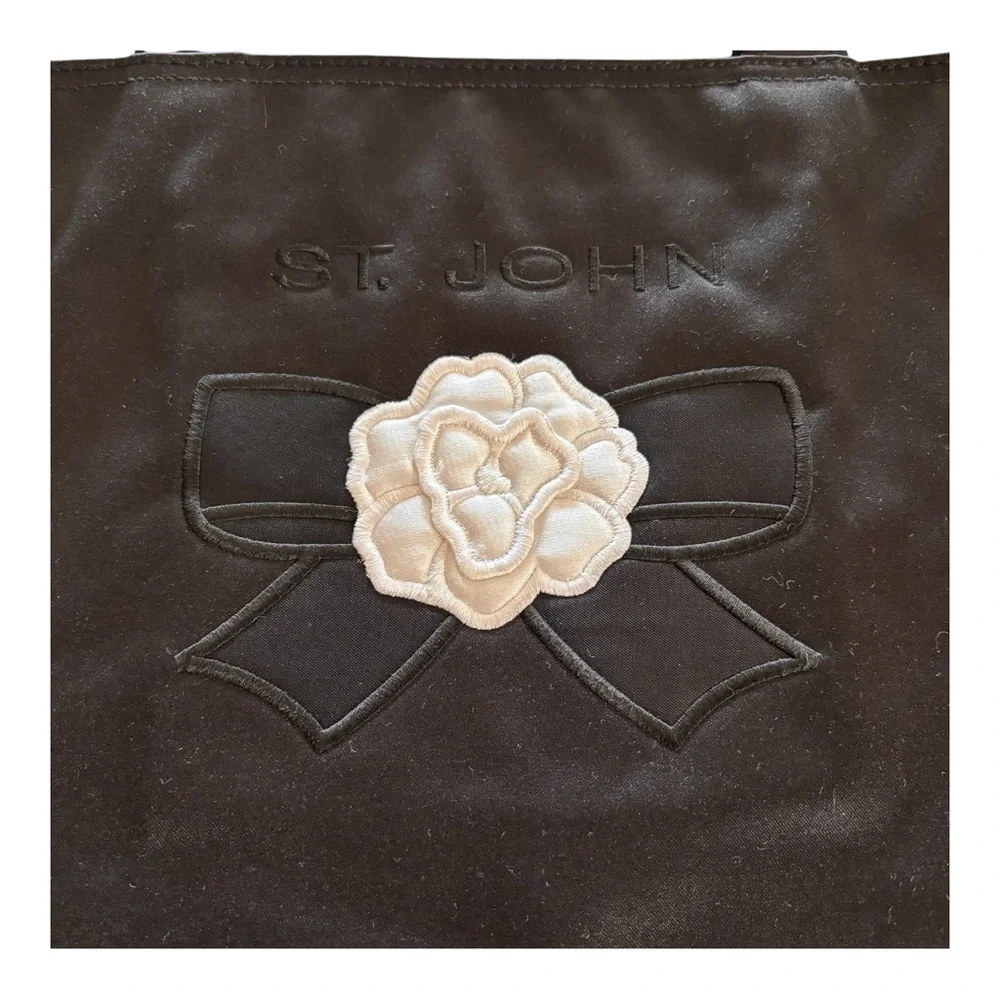 NWOT St. John Large Branded Black Satin Tote with White Floral Appliqué